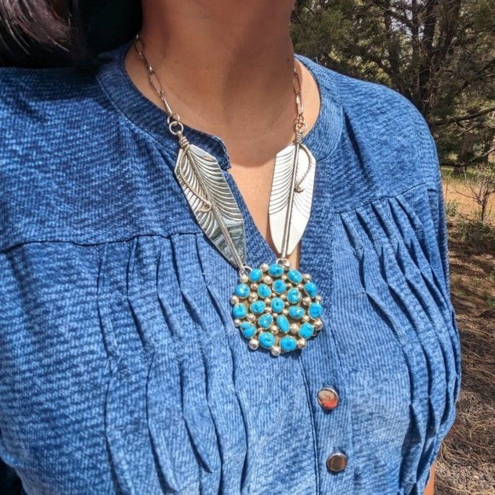 Native American Chain Necklace Handmade Cluster Turquoise 2 Large Leaves***